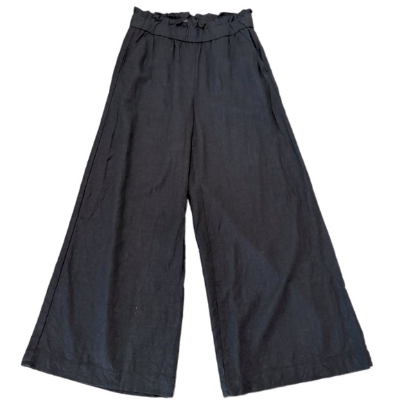 LOFT Linen Black Wide-Leg Ruffle Waist Pull on Pants Women’s XS. - Picture 1 of 11